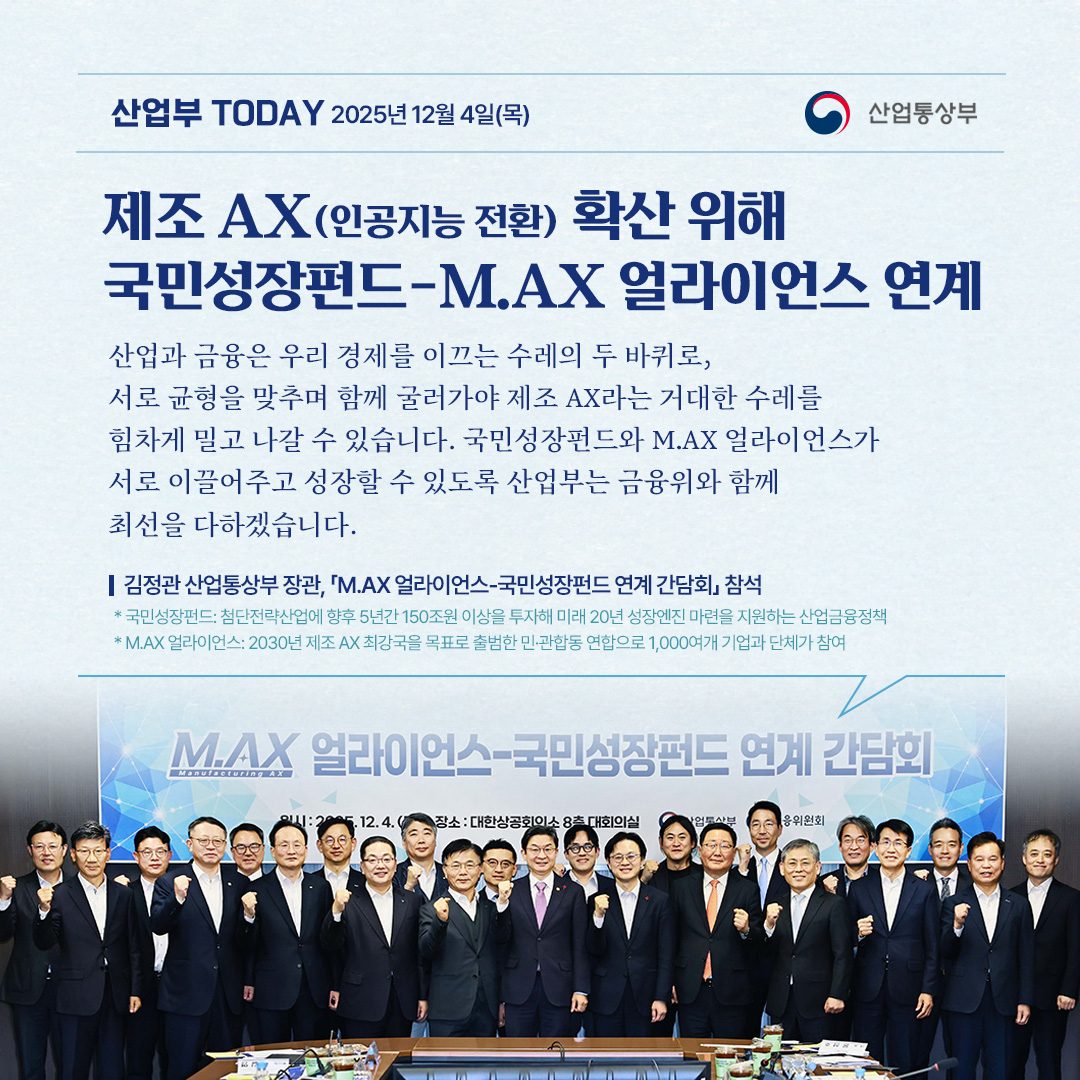 제조 AX(인공지능 전환) 확산 위해 국민성장펀드-M.AX 얼라이언스 연계

“산업과 금융은 우리 경제를 이끄는 수레의 두 바퀴로, 서로 균형을 맞추며 함께 굴러가야 제조 AX라는 거대한 수레를 힘차게 밀고 나갈 수 있습니다. 국민성장펀드와 M.AX 얼라이언스가 서로 이끌어주고 성장할 수 있도록 산업부는 금융위와 함께 최선을 다하겠습니다.”

김정관 산업통상부 장관, 「M.AX 얼라이언스-국민성장펀드 연계 간담회」 참석

* 국민성장펀드: 첨단전략산업에 향후 5년간 150조원 이상을 투자해 미래 20년 성장엔진 마련을 지원하는 산업금융정책 * M.AX 얼라이언스: 2030년 제조 AX 최강국을 목표로 출범한 민·관합동 연합으로 1,000여개 기업과 단체가 참여
